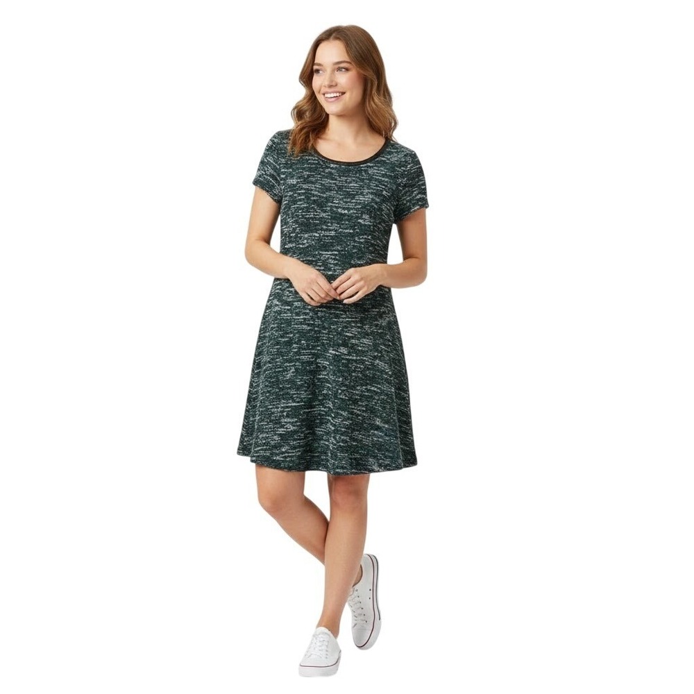 Talbots Dress 10 Blue Green Tweed ALine Faux Leather Textured Knit Retro Classic